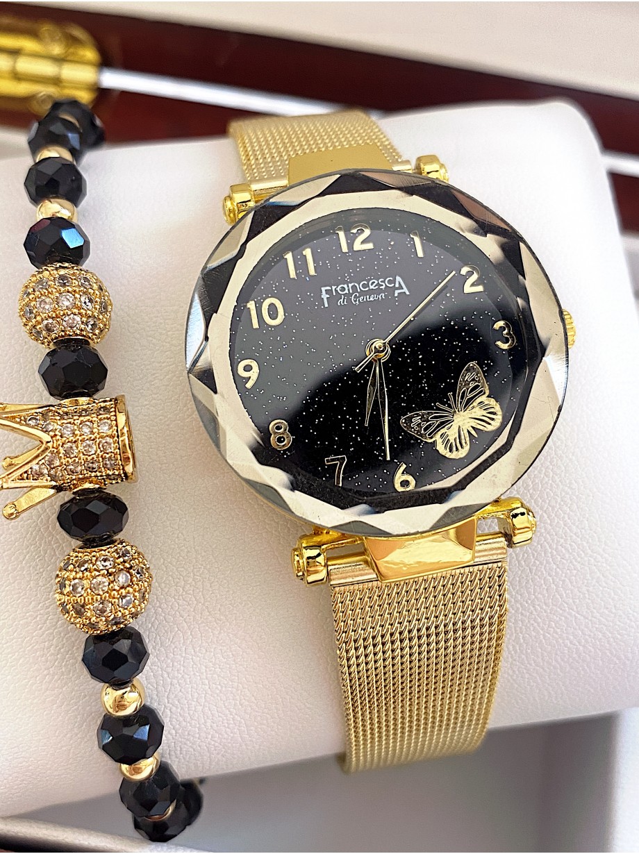 Ceas dama auriu cu bratara metalica si cadran negru cu fluture mic