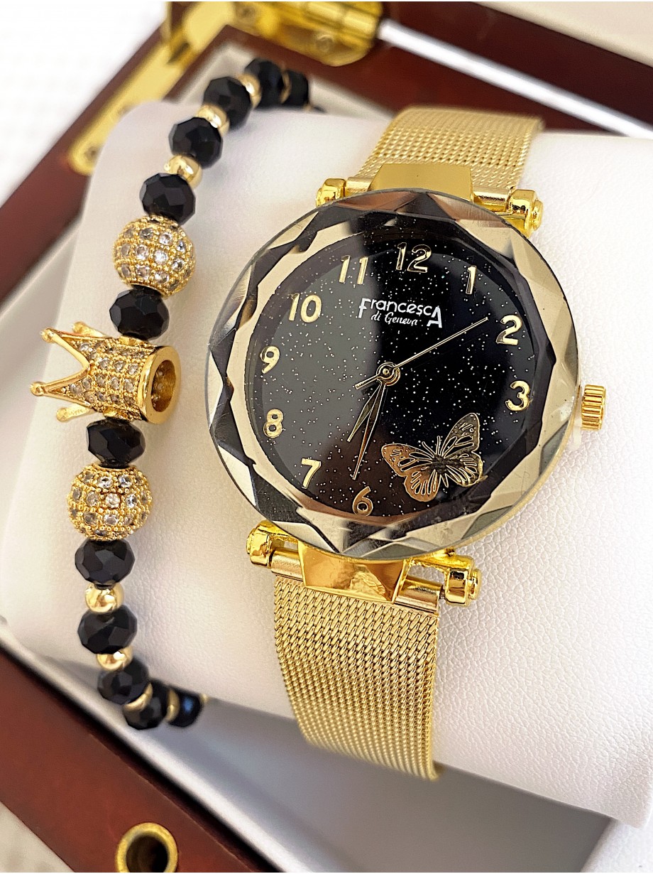 Ceas dama auriu cu bratara metalica si cadran negru cu fluture mic