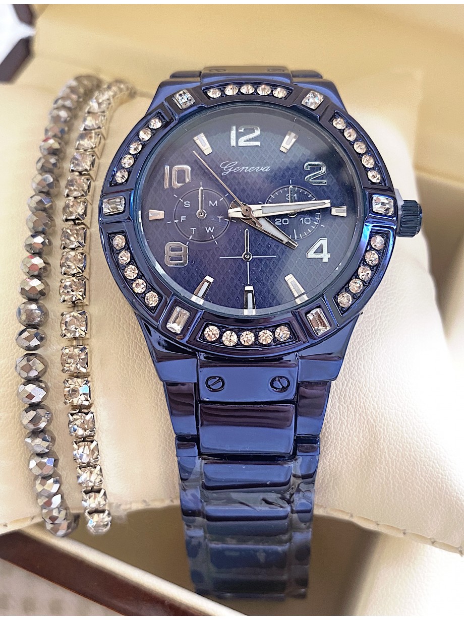 Ceas unisex albastru cu bratara metalica si cadran negru cu cifre arabe