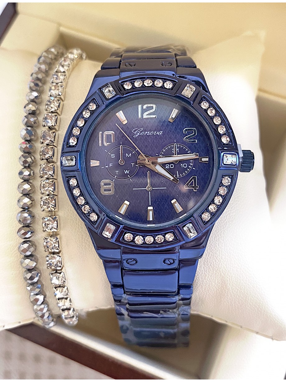 Ceas unisex albastru cu bratara metalica si cadran negru cu cifre arabe