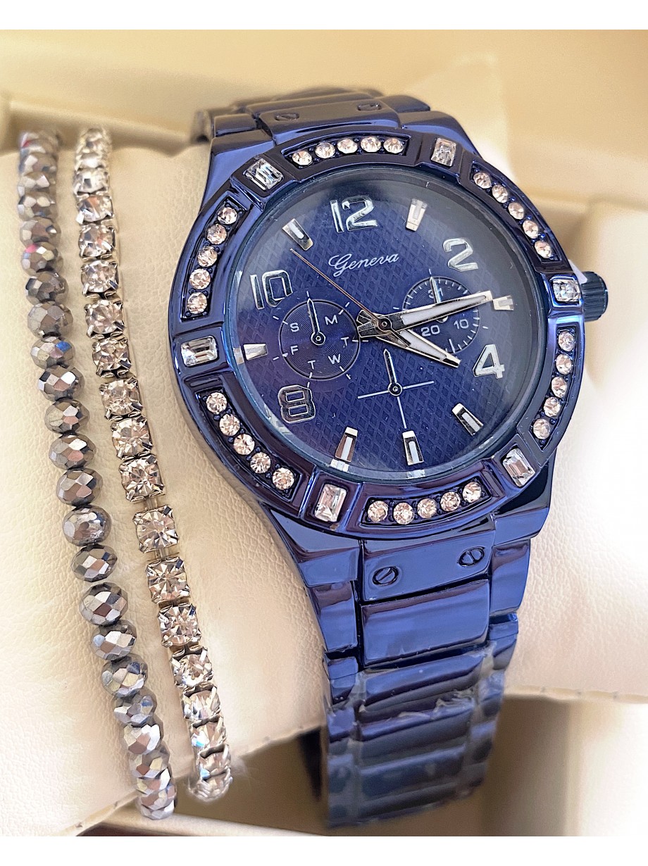 Ceas unisex albastru cu bratara metalica si cadran negru cu cifre arabe