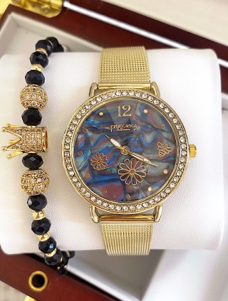 Ceas dama auriu cu bratara metalica si cadran bleumarin cu flori