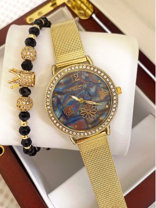 Ceas dama auriu cu bratara metalica si cadran bleumarin cu flori