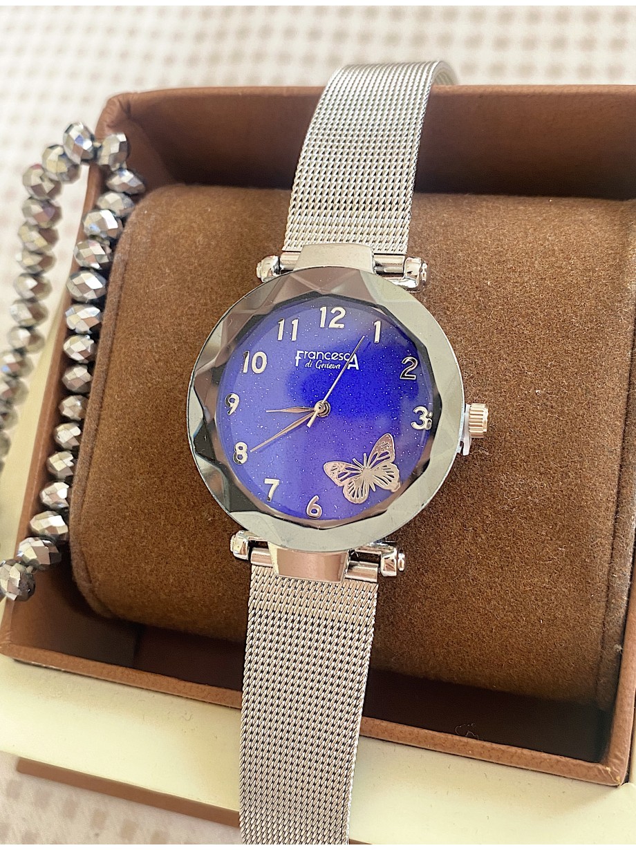 Ceas dama argintiu cu bratara metalica si cadran albastru cu fluture