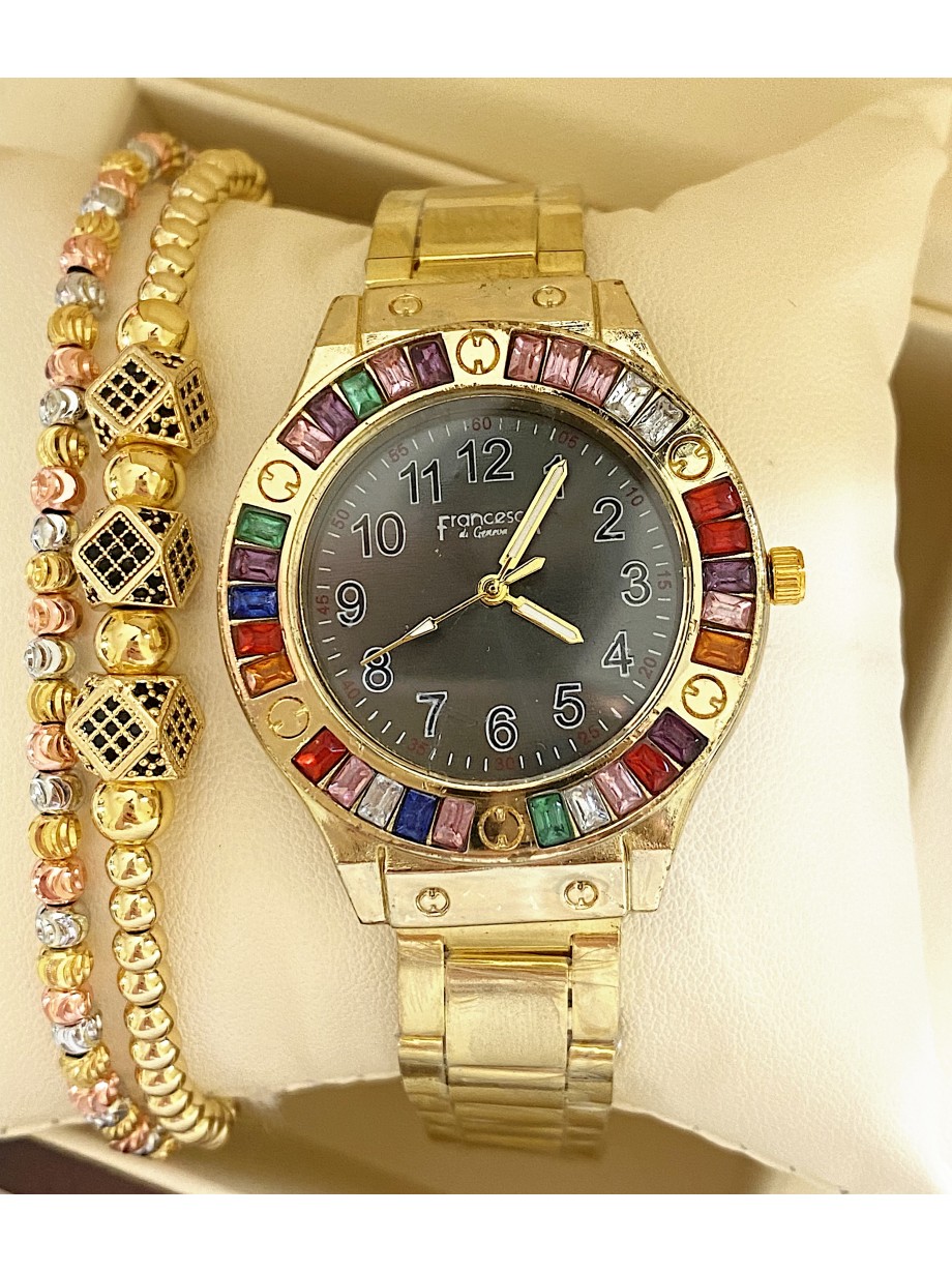 Ceas dama auriu cu bratara metalica si cadran negru cu steluta