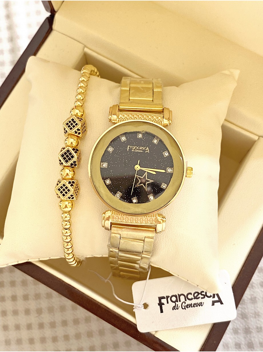 Ceas dama auriu cu bratara metalica si cadran negru cu steluta