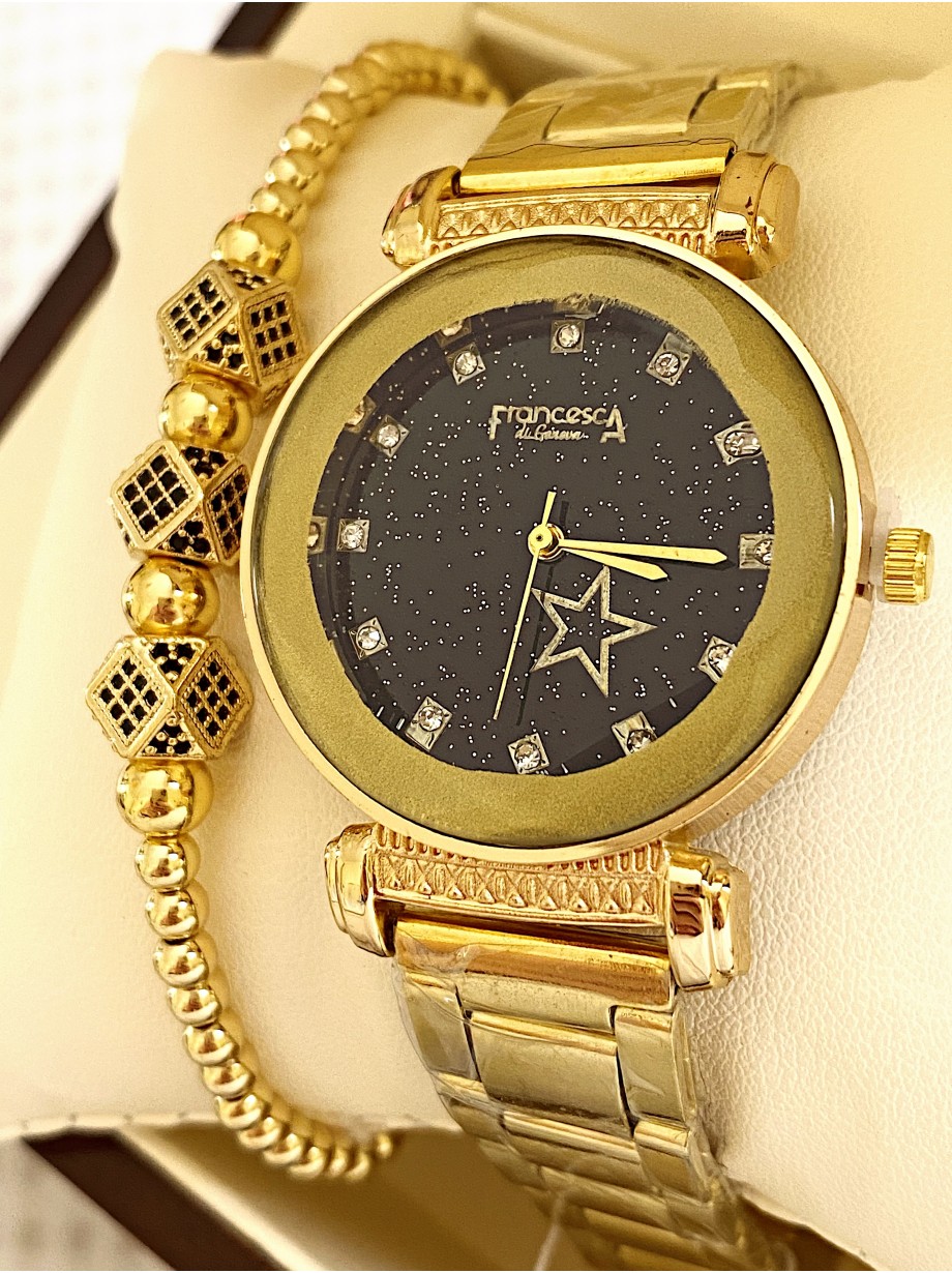 Ceas dama auriu cu bratara metalica si cadran negru cu steluta