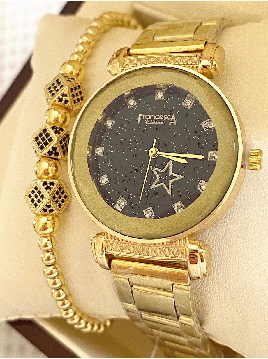 Ceas dama auriu cu bratara metalica si cadran negru cu steluta