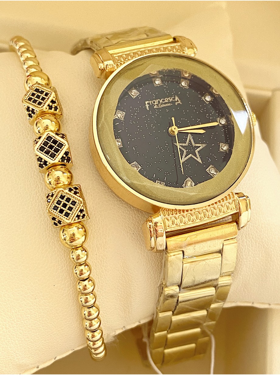 Ceas dama auriu cu bratara metalica si cadran negru cu steluta