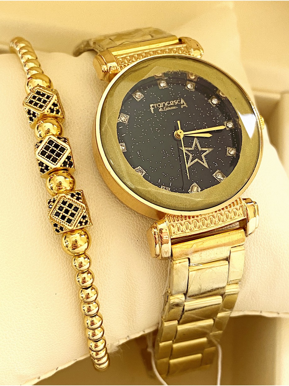 Ceas dama auriu cu bratara metalica si cadran negru cu steluta