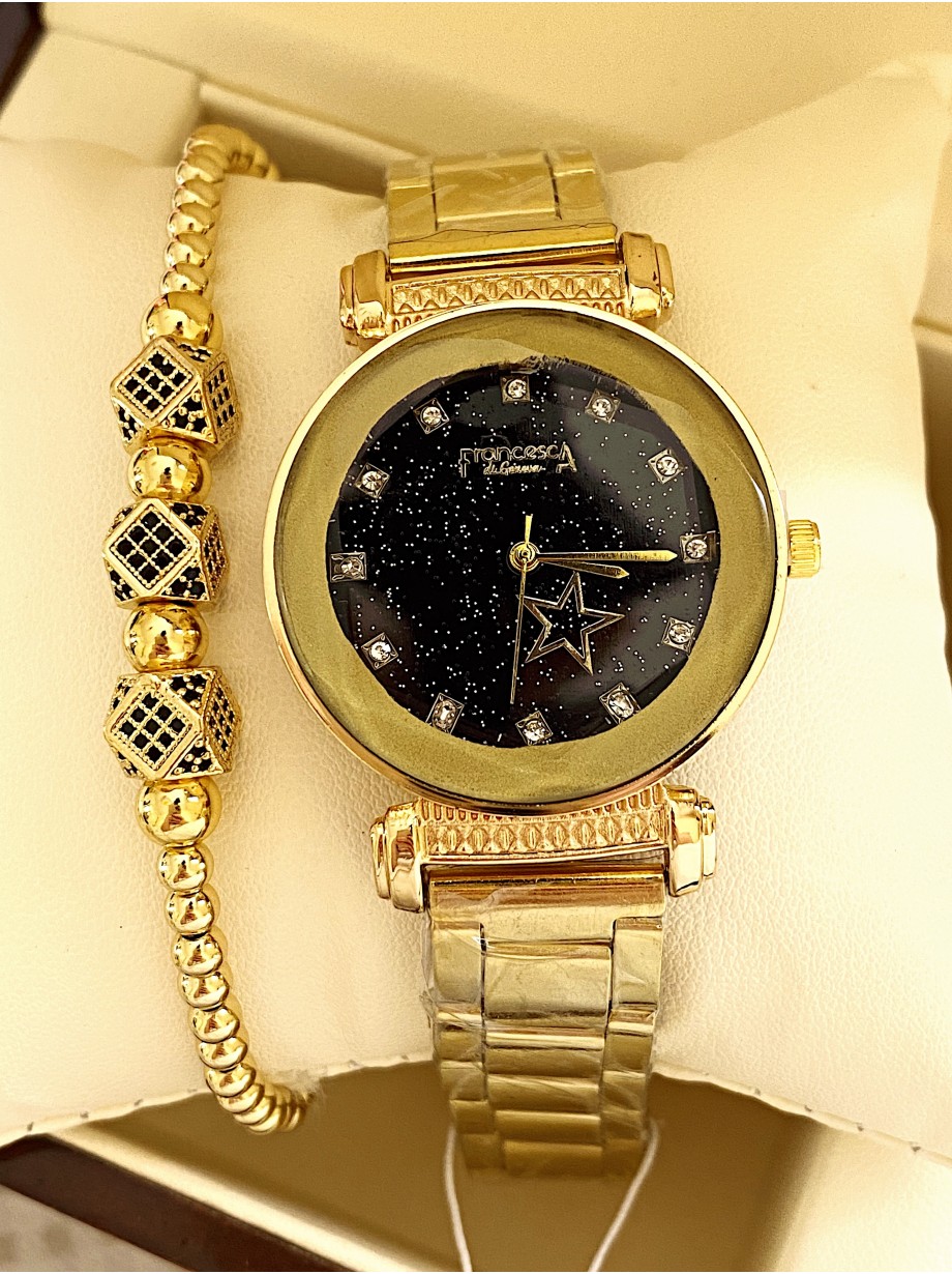 Ceas dama auriu cu bratara metalica si cadran negru cu steluta