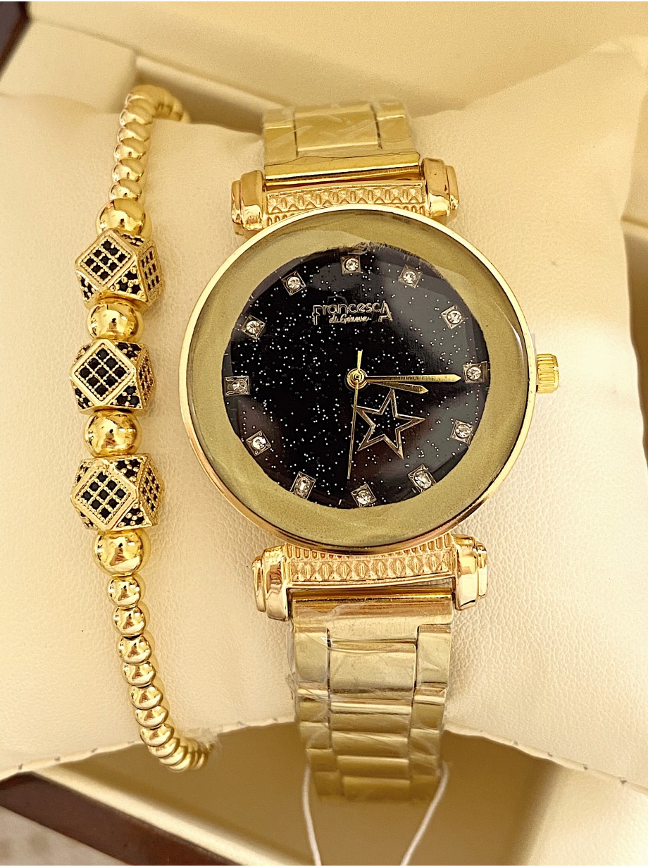 Ceas dama auriu cu bratara metalica si cadran negru cu steluta