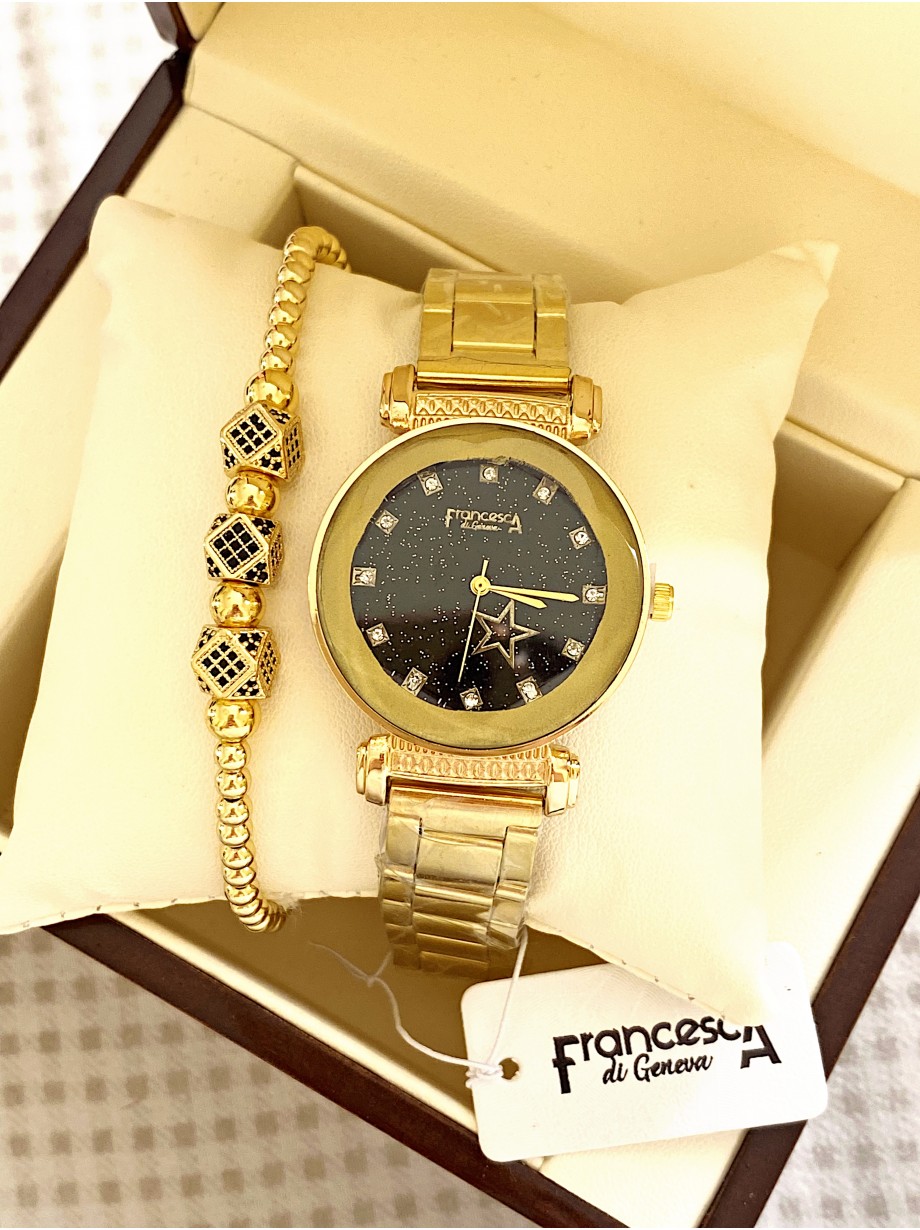Ceas dama auriu cu bratara metalica si cadran negru cu steluta