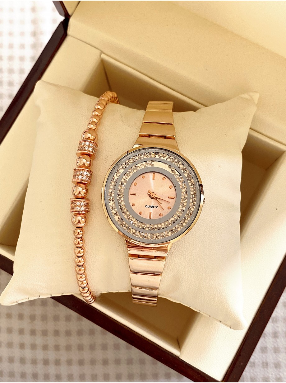 Ceas dama roze cu bratara metalica si cadran cu multe straturi pietricele