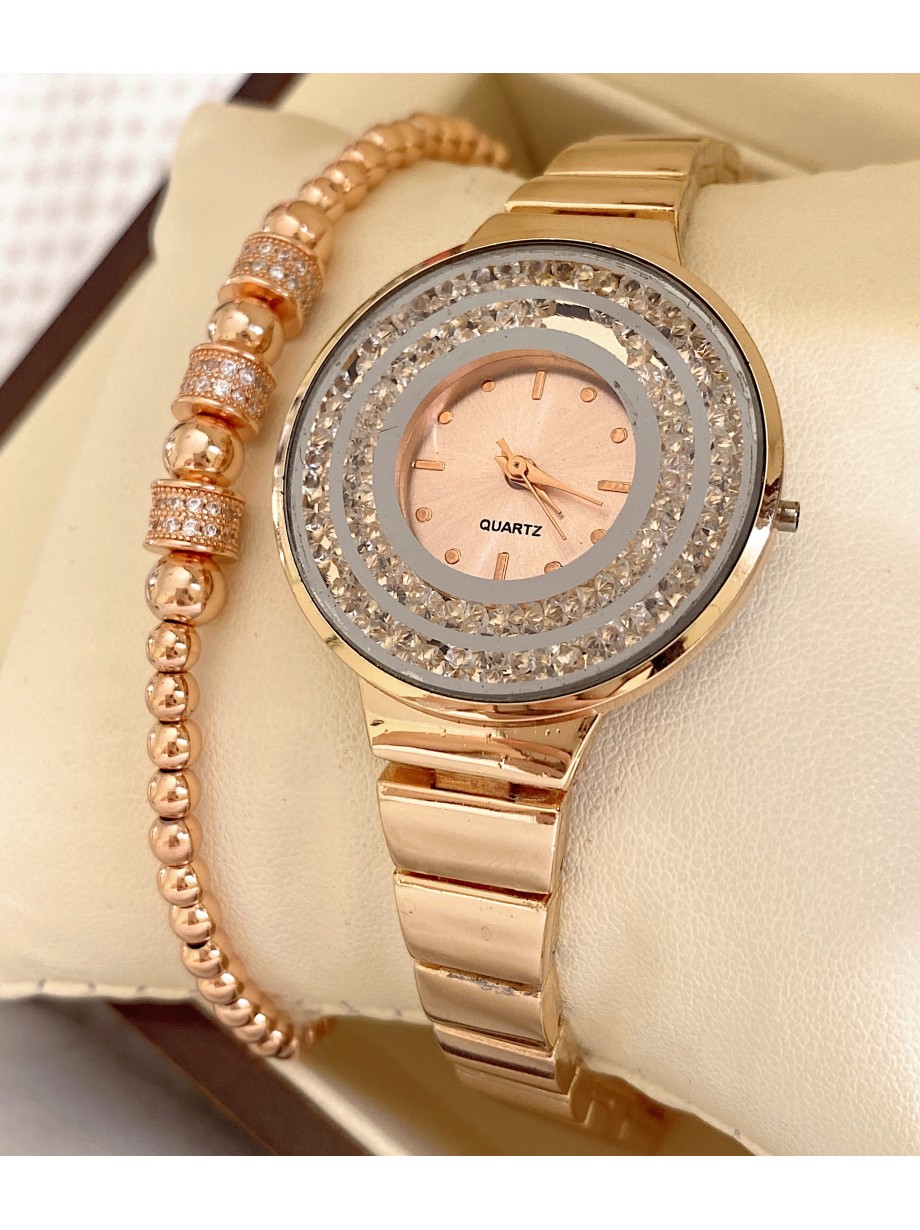 Ceas dama roze cu bratara metalica si cadran cu multe straturi pietricele