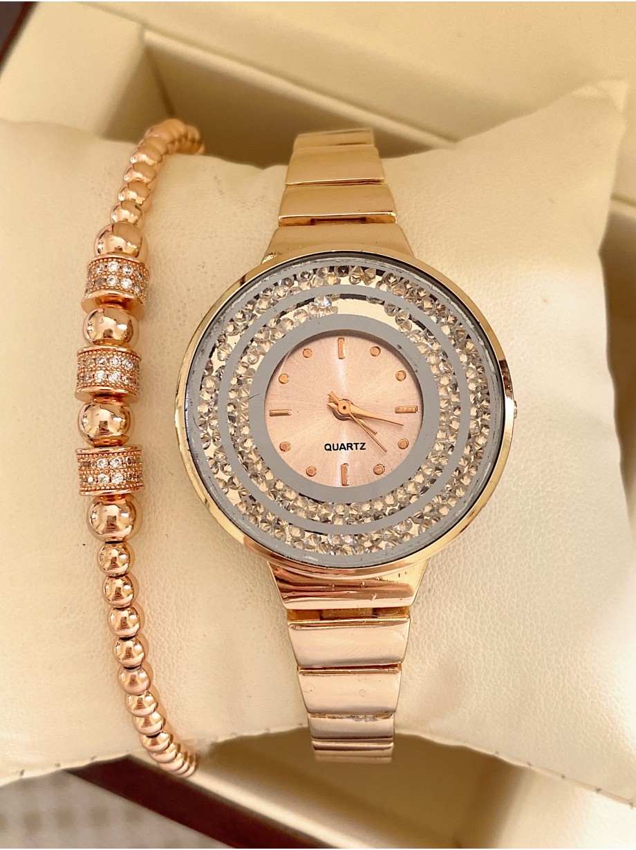 Ceas dama roze cu bratara metalica si cadran cu multe straturi pietricele