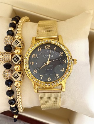 Ceas dama auriu cu bratara metalica si cadran cu cifre mici