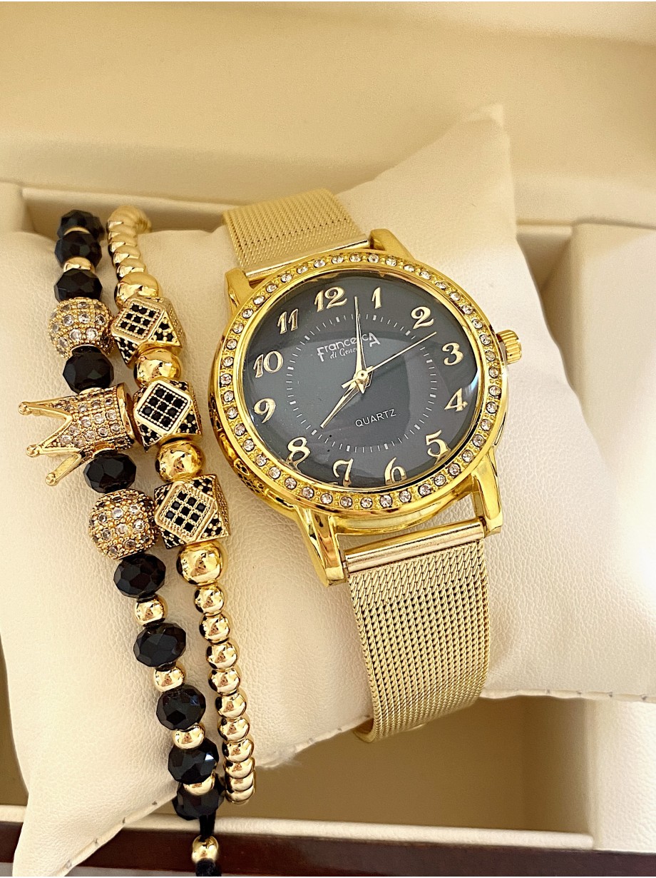 Ceas dama auriu cu bratara metalica si cadran cu cifre mici