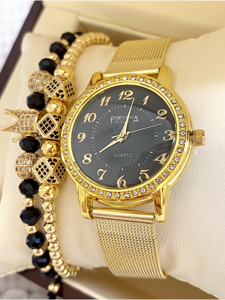 Ceas dama auriu cu bratara metalica si cadran cu cifre mici