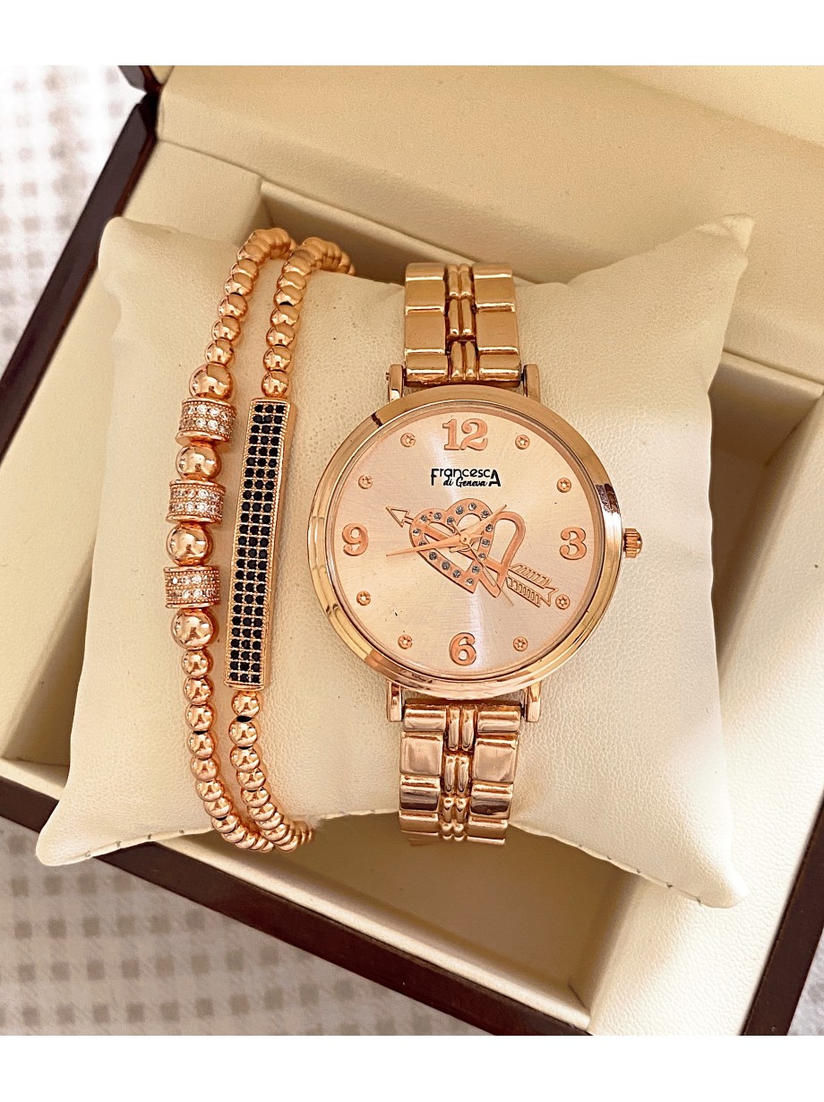 Ceas dama roze cu bratara metalica si cadran cu inimioara