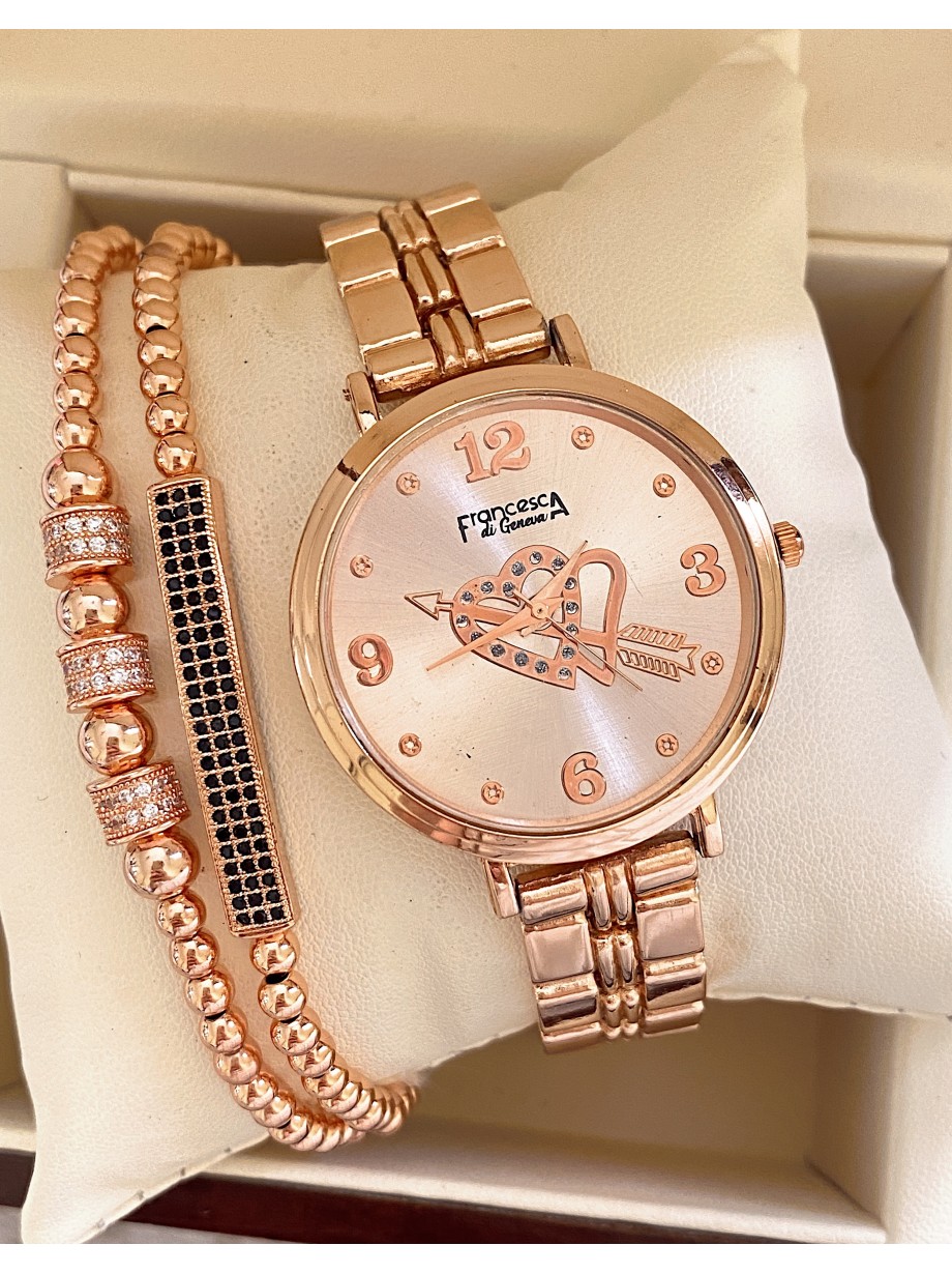 Ceas dama roze cu bratara metalica si cadran cu inimioara