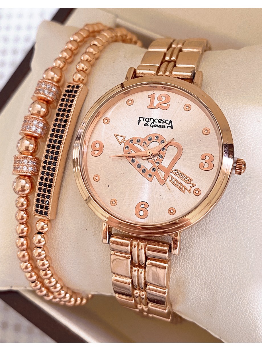 Ceas dama roze cu bratara metalica si cadran cu inimioara