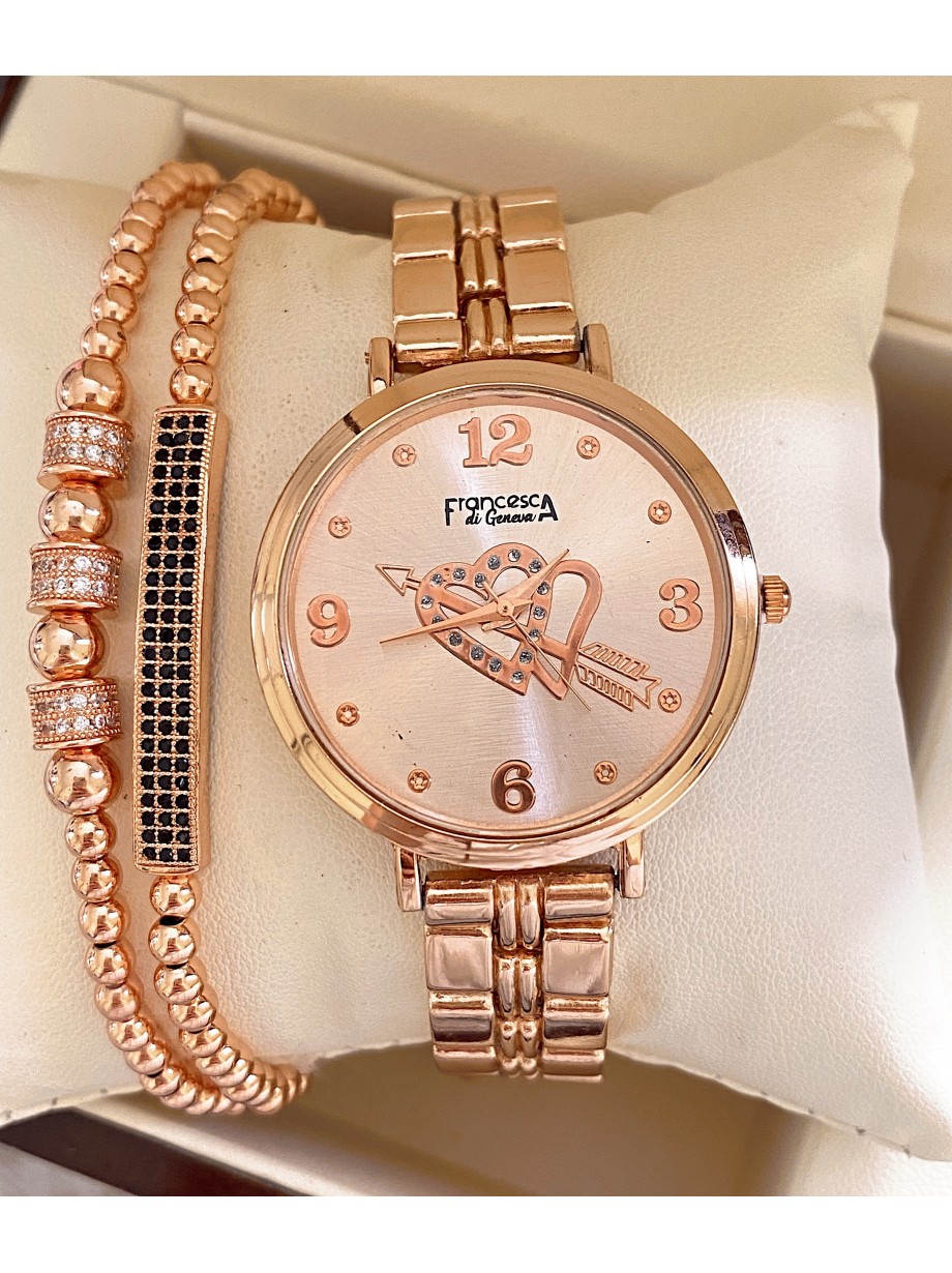 Ceas dama roze cu bratara metalica si cadran cu inimioara