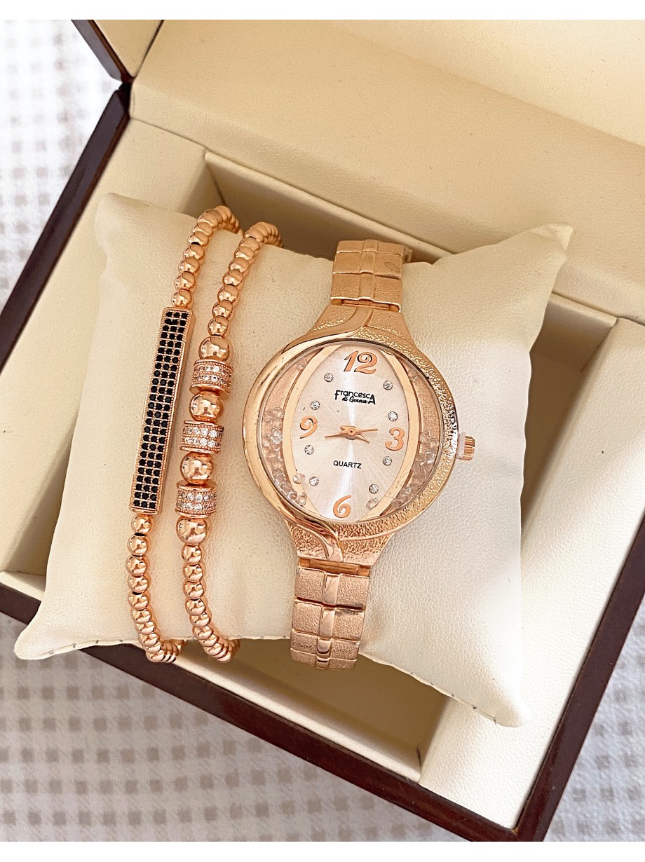 Ceas dama roze cu bratara metalica si cadran cu pietricele