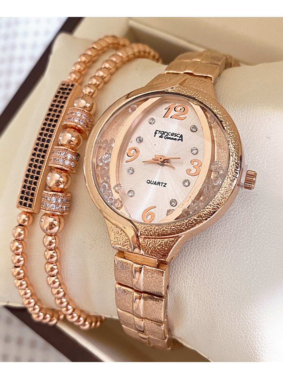 Ceas dama roze cu bratara metalica si cadran cu pietricele