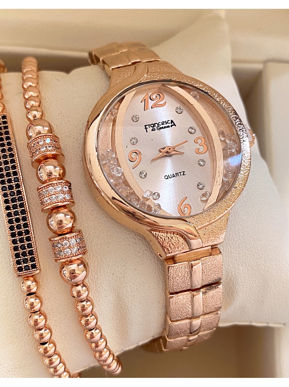 Ceas dama roze cu bratara metalica si cadran cu pietricele