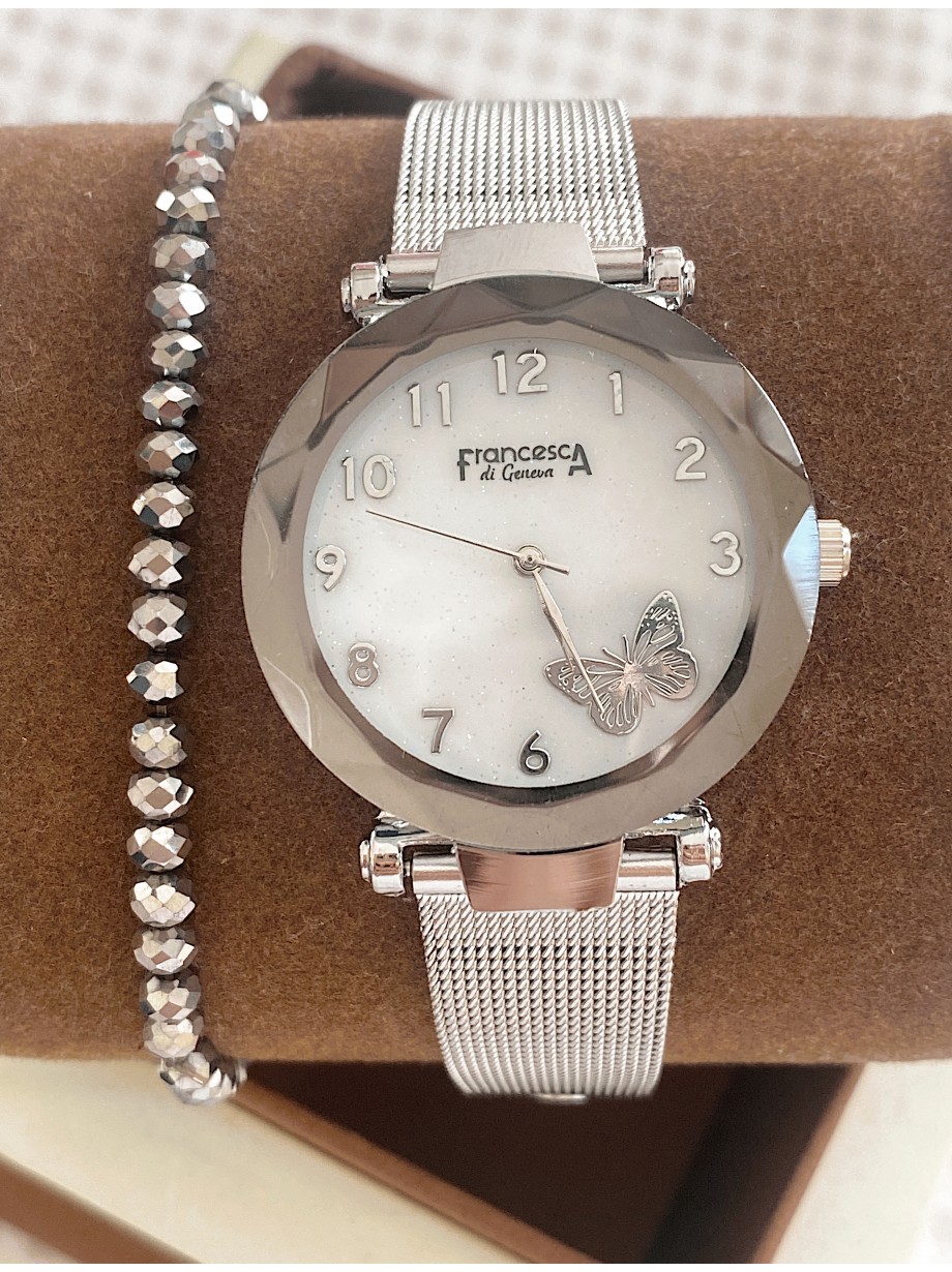 Ceas dama argintiu cu bratara metalica si cadran cu fluture