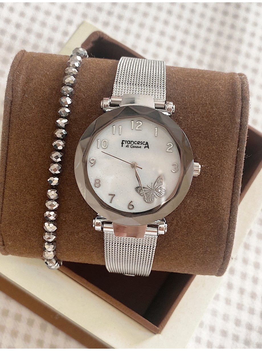 Ceas dama argintiu cu bratara metalica si cadran cu fluture