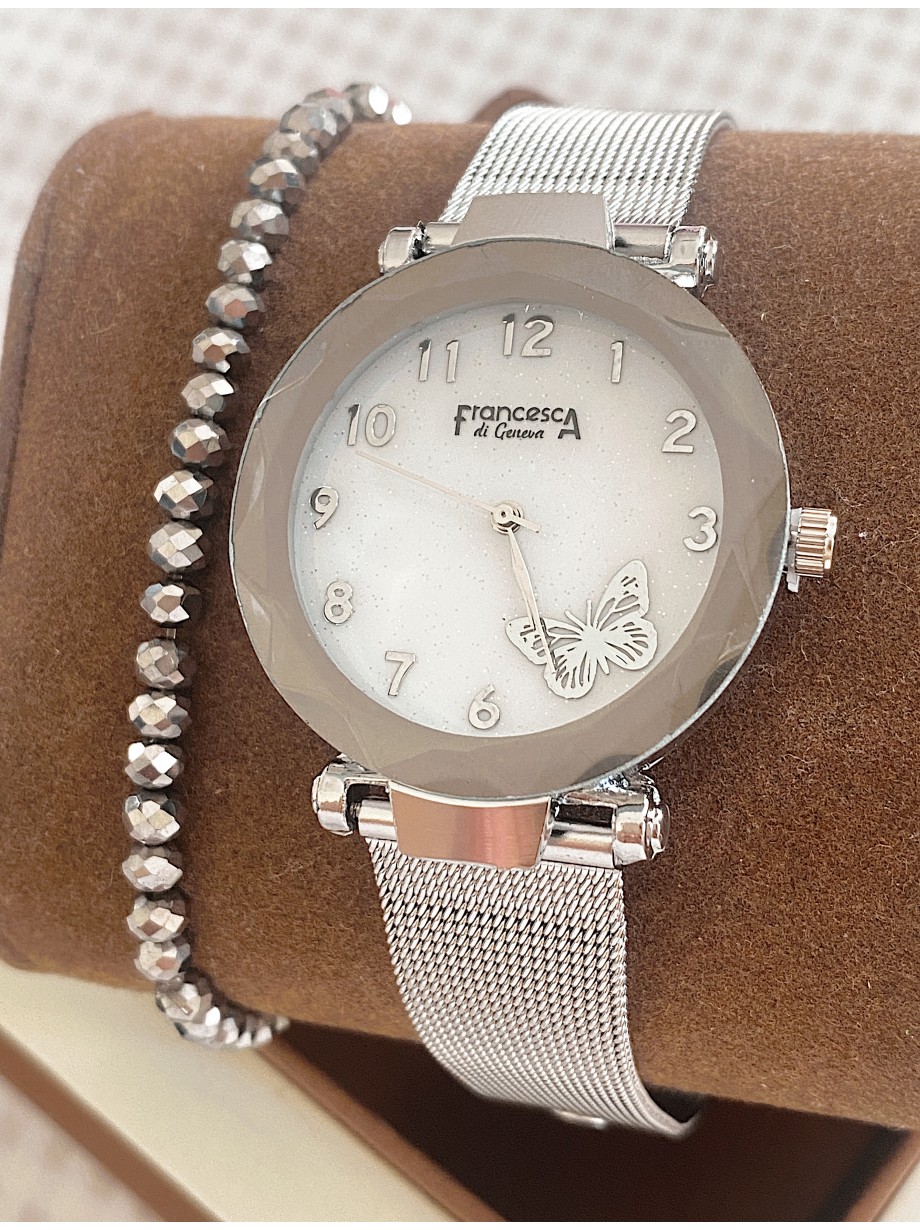 Ceas dama argintiu cu bratara metalica si cadran cu fluture