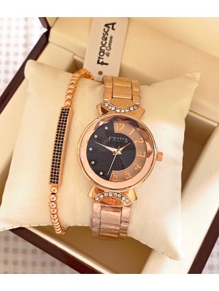 Ceas dama roze cu bratara metalica si cadran cu design negru