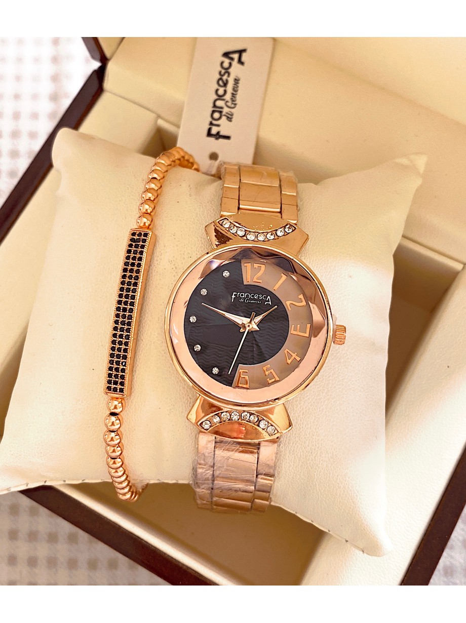 Ceas dama roze cu bratara metalica si cadran cu design negru