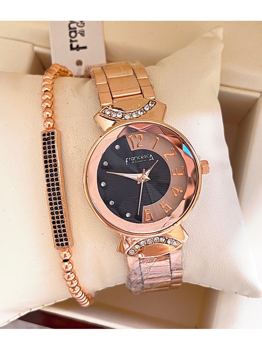 Ceas dama roze cu bratara metalica si cadran cu design negru