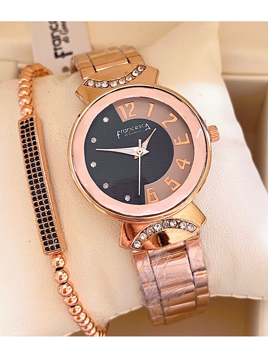 Ceas dama roze cu bratara metalica si cadran cu design negru