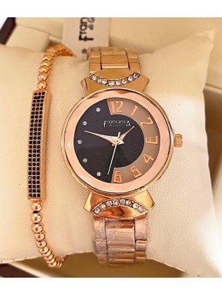 Ceas dama roze cu bratara metalica si cadran cu design negru