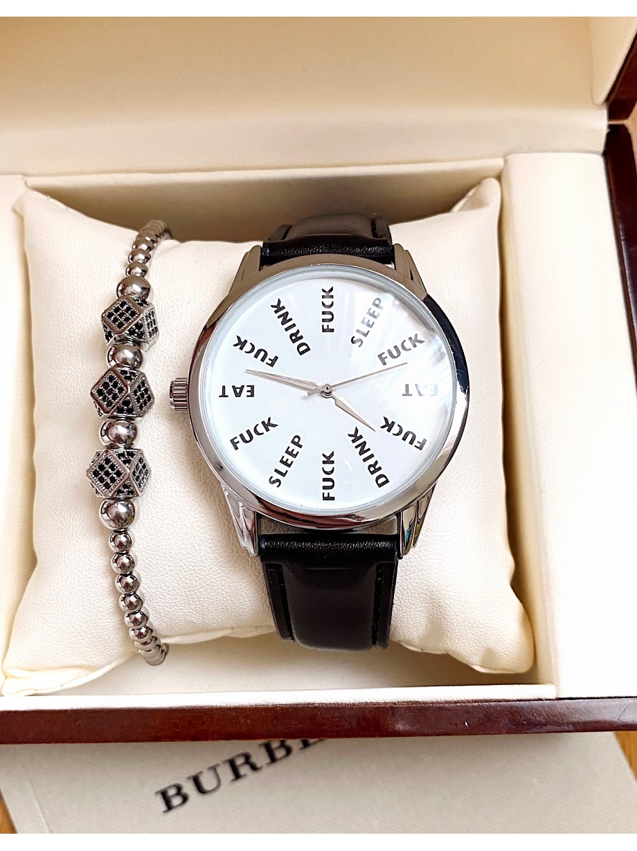 Ceas barbati negru cu bratara din piele ecologica si cadran cu text