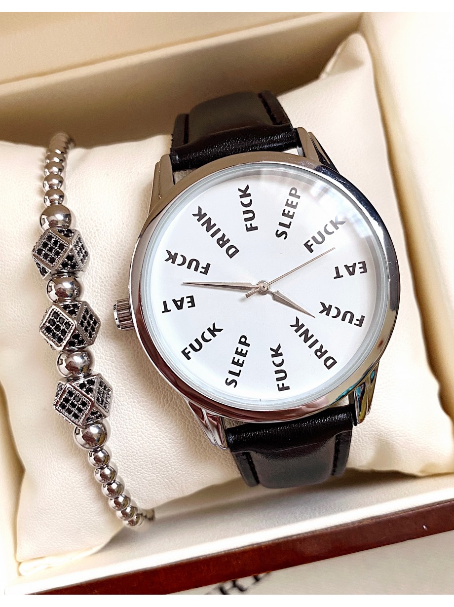 Ceas barbati negru cu bratara din piele ecologica si cadran cu text