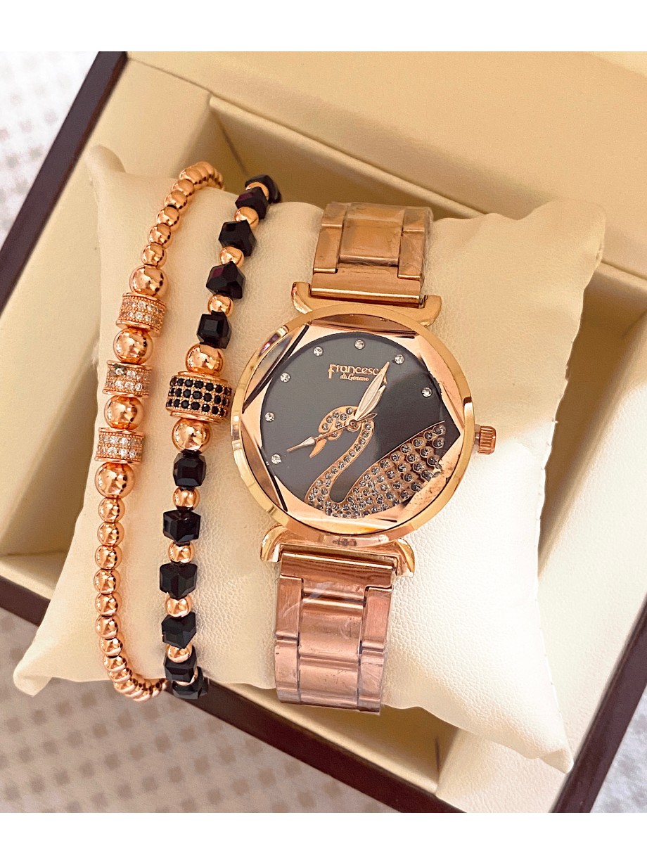 Ceas dama roze cu bratara metalica si cadran cu lebada