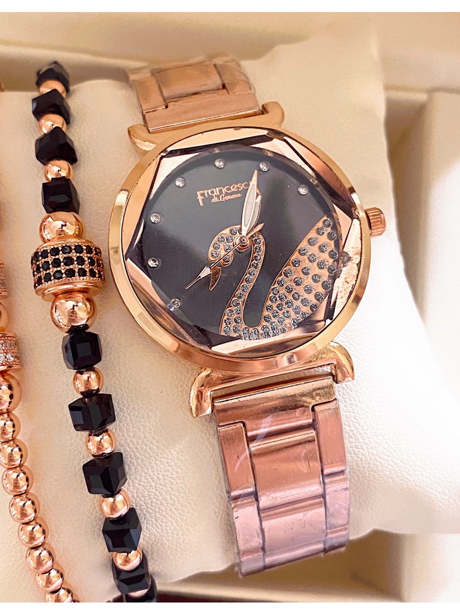 Ceas dama roze cu bratara metalica si cadran cu lebada