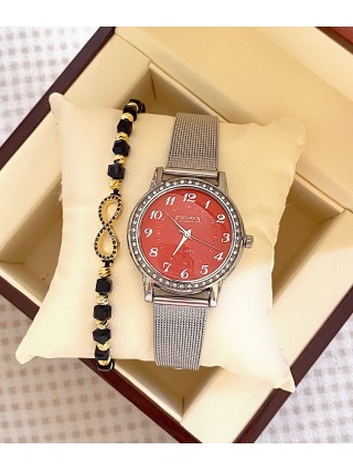 Ceas dama argintiu cu bratara metalica si cadran rosu