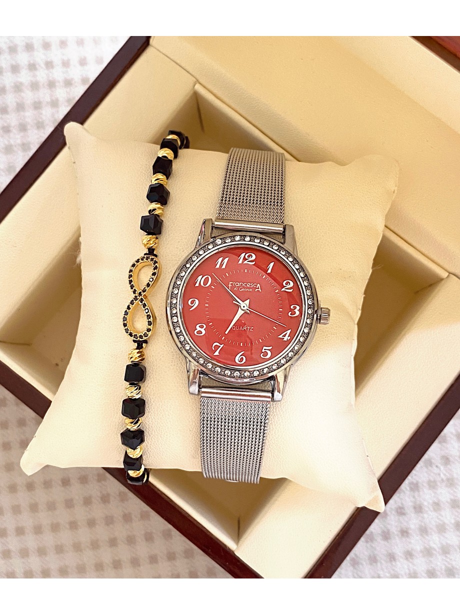 Ceas dama argintiu cu bratara metalica si cadran rosu