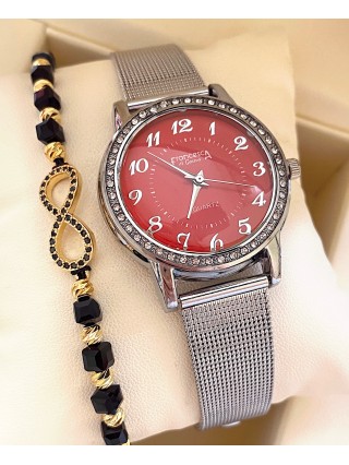 Ceas dama argintiu cu bratara metalica si cadran rosu