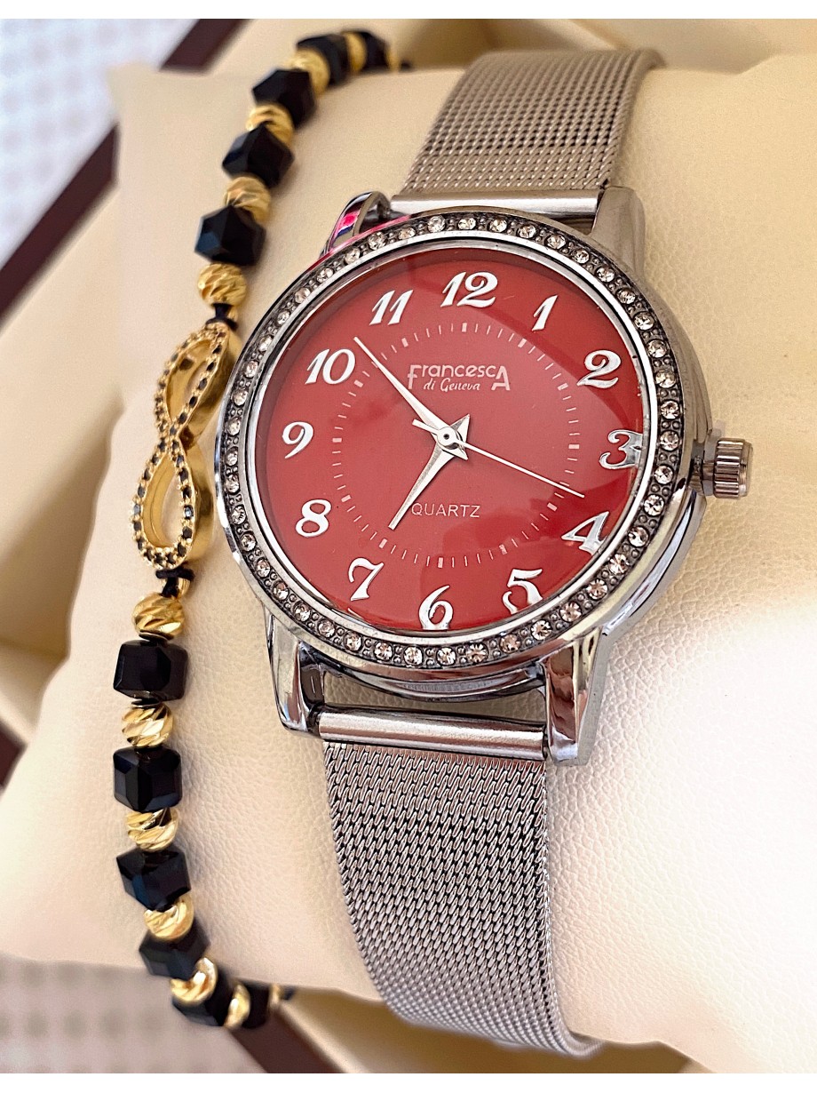 Ceas dama argintiu cu bratara metalica si cadran rosu