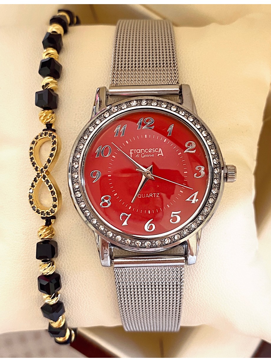 Ceas dama argintiu cu bratara metalica si cadran rosu