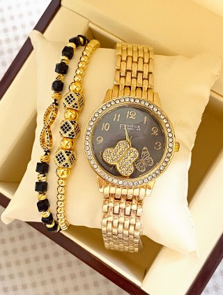 Ceas dama auriu cu bratara metalica si cadran negru cu fluturi