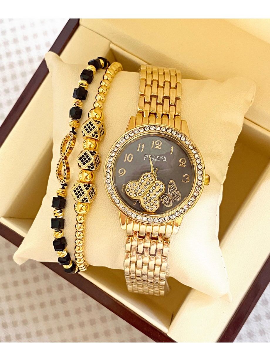 Ceas dama auriu cu bratara metalica si cadran negru cu fluturi