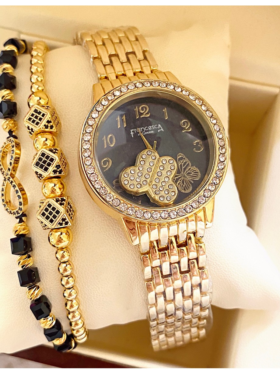 Ceas dama auriu cu bratara metalica si cadran negru cu fluturi